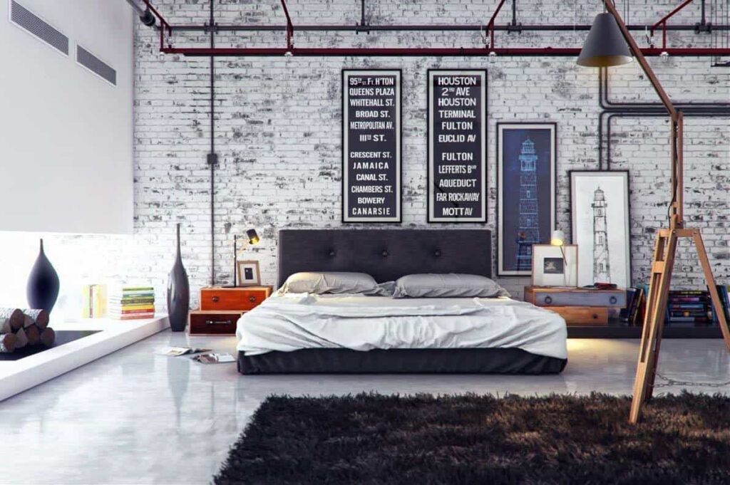 Sypialnia w stylu industrialnym łączona z elementami sztuki