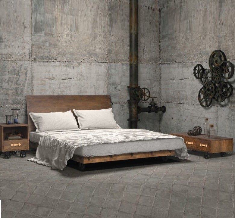 Sypialnia w stylu industrialnym z dominantą betonu