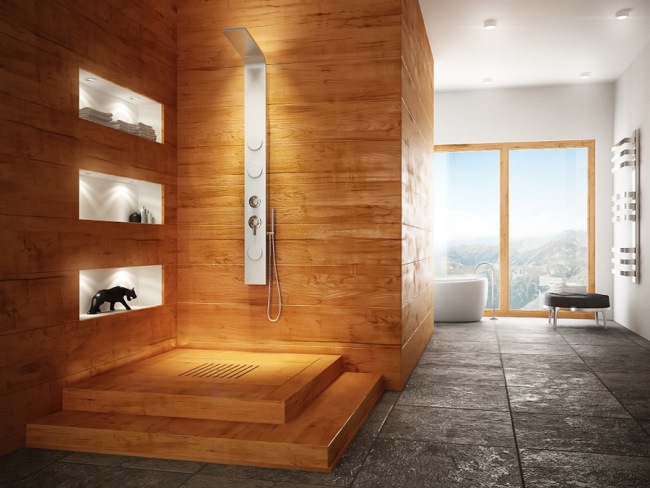 Projekt łazienki w drewnie z otwartym prysznicem